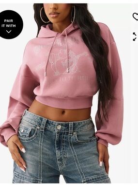 True Religion Cropped Hoodie in Nostalgia Rose with Rhinestone Logo